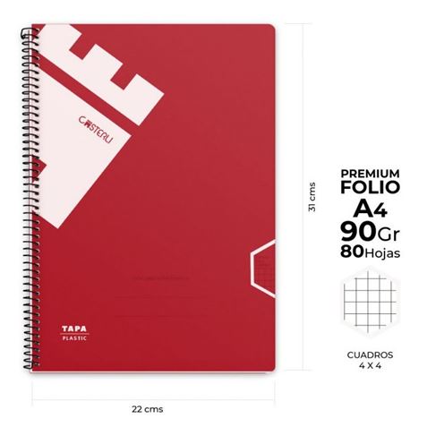 CUADERNO PREMIUM 80 HOJAS A4 CUADROS ROJO CASTERLI