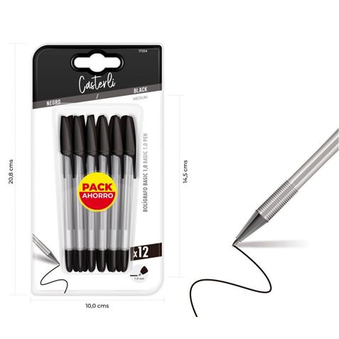 PACK 12 BOLIGRAFOS BASIC 1MM NEGRO CASTERLI