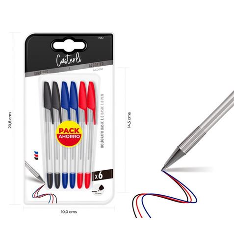 PACK 6 BOLIGRAFOS BASIC 1MM AZUL  ROJO Y NEGRO CAS