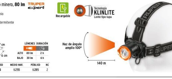 TRUPER LINTERNA LED CABEZA 80Ln RECARGABLE