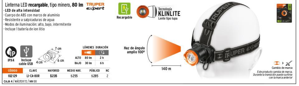 TRUPER LINTERNA LED CABEZA 80Ln RECARGABLE