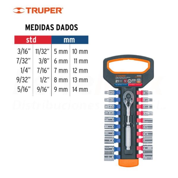 TRUPER JUEGO DADOS CARRACA 1/4  MM/PULG 21pcs